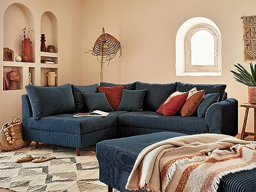 Lisa Design Rune – Ecksofa Links – 4-Sitzer – mit hocker – aus Cord Nachtblau