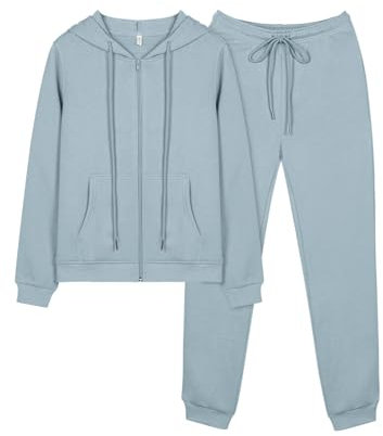 REORIA Damen Trainingsanzüge Warm Baumwolle Hausanzug Dicker Jogginganzug Set Langarmes Activewear Workout Set Sport Outfit Kapuzenpullover und lange Hose Nebelblau L