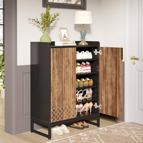 Tribesigns Zapatero, 25 Pares de Zapateros con Puertas, Armario Organizador Moderno de 5 Niveles, Armario de Almacenamiento de Zapatos de Madera Independiente para Entrada, Marrón Negro