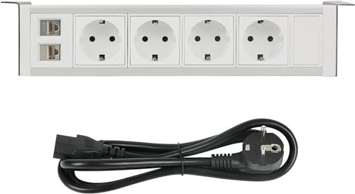 Btstil Enchufe de mesa, 4 enchufes debajo de la encimera con 2 RJ45, enchufe múltiple para oficina, cocina, encimera, cable de 1,5 m