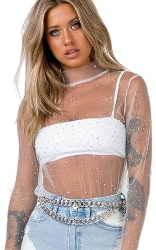 Edhomenn Women Sexy Sheer Long Sleeve Tops Mesh See Through Solid Color Casual Tops Slim Fit Blouse (X-White, S)