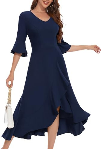 Women's V Neck Wedding Guest Dresses for Formal Cocktail Evening Party Prom Dress with Long Bell Sleeve Ruffle Split Jumpers Navy M