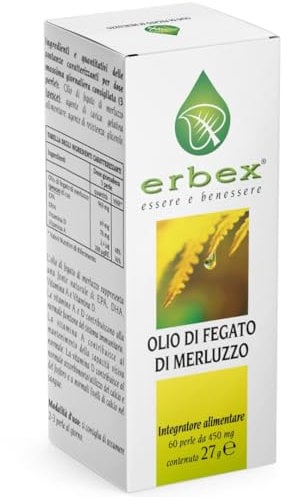 ERBEX - Perle di Omega 3 da Olio di Fegato di Merluzzo, 60 Perle, Olio di Pesce, Vitamina D e A, Omega3, Fondamentale per la Salute Generale