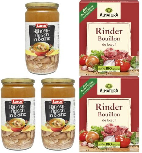 Mit Pufai Grocery Rinderbouillon Würfel 66 Gramm x 2er + Larco Hühnerfleisch in Brühe 800 gramm x 3 STÜCK