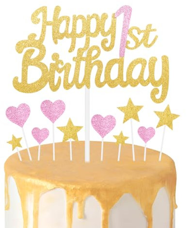 Gold Pink 1st Birthday Cake Topper - Girls' Glitter Heart Stars First Cake Toppers - Personalised Happy Birthday Cake Cupcake Toppers for Baby Party Supplies