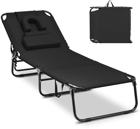 COSTWAY Chaise Longue Pliante, Bain de Soleil Réglable à 5 Positions, Charge 160kg, Trou pour Visage, 3 Coussins Amovible, Tissu Oxford, Sangle, Transat Jardin Exterieur pour Plage Piscine(Noir)