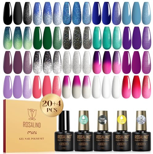 ROSALIND UV Nagellack Set Thermo, 20+4 Stück Gel Nagellack Farbwechsel mit Unterlack & Überlack, Matt & Glitzer Überlack, Thermo Schwarz Blau Grün Violett Farbgel für Gelnägel UV Nagel Design
