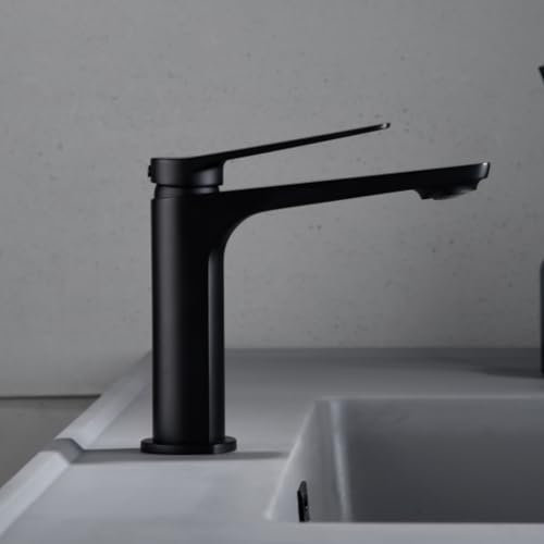 IMEX - Grifo Monomando Lavabo | Grifo Baño Mezclador Agua Fria y Caliente | Grifo para Baño Acero Inoxidable y Ahorro de Agua sobre Encimera | Serie Nápoles | Color Negro Mate