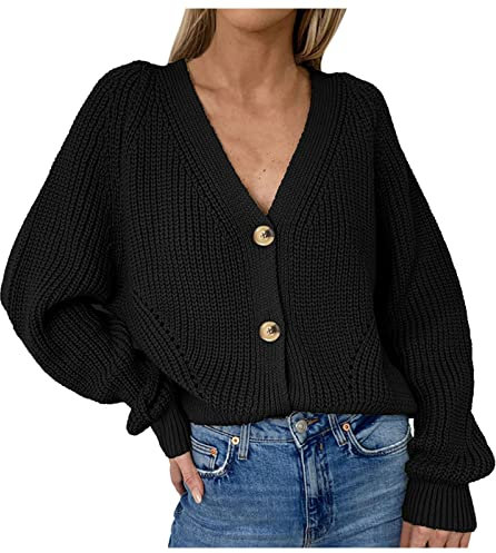 Cardigan for Women UK Casual Loose V Neck Long Sleeve Lightweight Button Down Sweater Chunky Knit Grandad Cardigan Soft Comfort Knitwear Jumpers CrochetSweater Cropped Tops Going Out Shawl