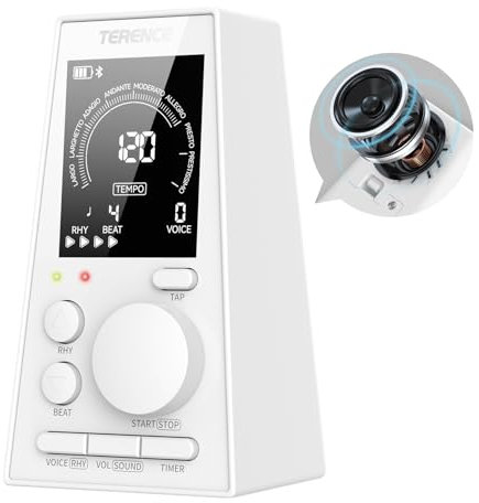 TERENCE Métronome Numérique Piano guitare basse eucliri instrument métronome électronique avec Haut - parleur LCD moniteur volume tempo réglable fonction de minuterie rechargeable 30-252bpm Blanc