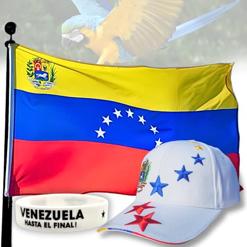 Kit Productos Venezolanos: Bandera de Venezuela 7 Estrellas, Gorra Blanca 7 Estrellas y Pulsera - Incluye Postal y Tula Reutilizable Gratis - Ideal para Aficionados de La Vinotinto y Gorra Mujer