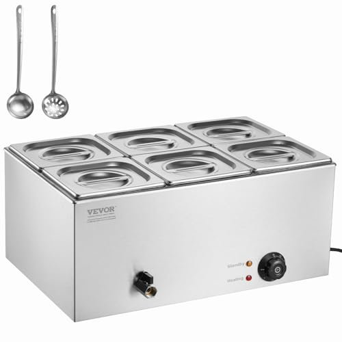 VEVOR Chauffe-Plat Buffet à 6 Bacs, Bain-Marie Électrique 13,5 L 1200 W, Buffet Chauffant en Acier Inoxydable, Température Réglable 30-85 °C, pour Réchauffer Les Aliments Restauration Soirée Fête