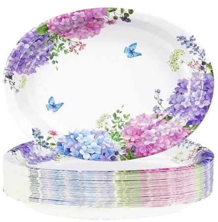 50Pcs Hydrangea Flowers Oval Paper Plates Large 10x12 Blue Purple Pink Hydrangea Floral Plates Disposable Heavy Duty Flower Plates for Spring Wedding Bridal Baby Shower Decoration Tea Party Supplies