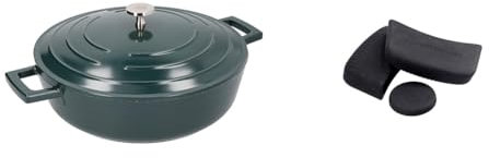 MasterClass 4L Hunter Green Shallow Casserole Dish with MasterClass Heat-Resistant Silicon Pan Handles and Lid Handle (3pc)