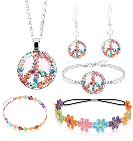 PASLFC Hippie Kostüm Set,5 Stück Hippie Kostüm Damen Accessoires,70er hippie flower power accessoires,Peace Kette Und Ohrring,60er 70er Jahre Bekleidung,Motto Party Halloween Fasching Karneval