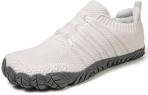 Barfußschuhe Damen Herren Breite Barfuss Schuhe Laufschuhe Zero-Drop Sohlen Zehenschuhe Traillaufschuhe Leichte Atmungsaktiv Fitnessschuhe Komfort rutschfest Straßenlaufschuhe Unisex(Weiß 44EU)