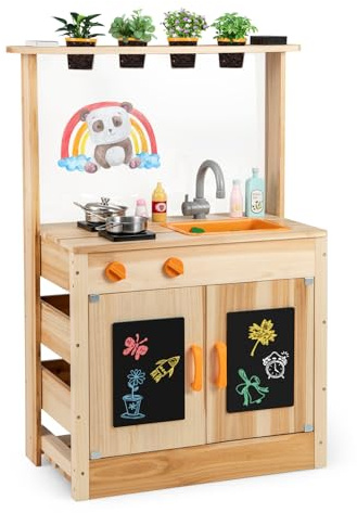 GOPLUS Cuisine d'Extérieur Evolutive en Bois de Sapin, avec Pots de Plantation, Plaques de Cuisson, Évier Amovible, Tableaux Noirs pour Enfant 3+ Ans