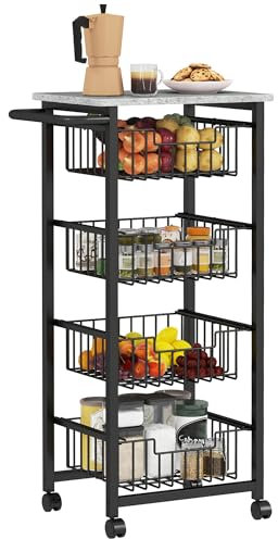 HOMCOM 4-Tier Kitchen Island on Wheels, Rolling Kitchen Storage Trolley with 4 Pull-Out Mesh Baskets, Mobile Utility Serving Cart, Light Grey