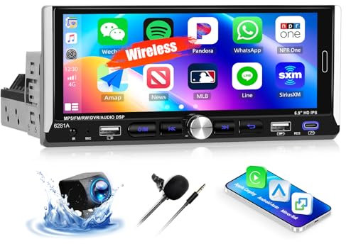 OiLiehu 1+32G Android 13 Autoradio 1 Din avec CarPlay Android Auto sans Fil, 6,9“ IPS Écran Tactile Poste Radio avec GPS WiFi Lien Miroir Bluetooth FM/RDS EQ USB Type-C SWC Caméra Arrière