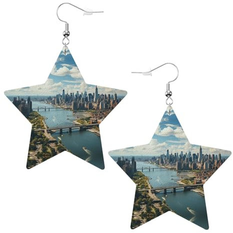 Penthouse View Over New York Manhattan Leichte Leder-Stern-Ohrringe geeignet für Damenmode Geburtstagsparty, Einheitsgröße, Kunstleder
