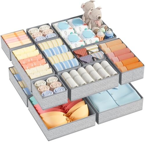 DIMJ Schubladen Ordnungssystem Organizer - Pax Organizer Wickelkommode, Stoff Aufbewahrungsbox Kleiderschrank Schubladen Stapelbar für Kleidung, Socken, BHS, 12 Stück, Textur Grau