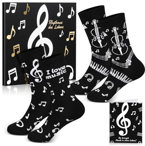 Jadive Musik Socken Geschenkset 2 Paar für Musiker, Schwarz und Weiß | Geschenkbox mit Karte, Baumwollsocken, Mit Motiv, Geschenk für Musiker, Ideales Musikgeschenk, Für Geburtstag