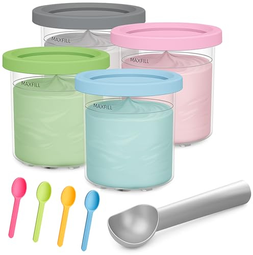 TAWAQAL Creami Tubs, 4 Pack 16oz Polycarbonate Containers with Lids, Stainless Steel Scoop & Multicolor Spoons, Compatible Creami Ice Cream Maker, Deluxe Creami Tubs & Swirl Tub