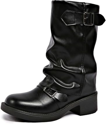lozssnigzi Stivaletti Donna Stivali in Pelle Invernali Biker Boots Con Tacco Eleganti E Comode Stivaletto Slip-On Tinta Unita, 36-42
