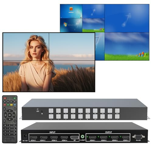 ICUIXIAN 4K 4x4 HDMI-Matrix-Switch Multi-View-VideoWall-Controller 2x2 mit HDMI2.0, HDCP2.2, 18 Gbit/s, Rs-232, Nahtlose 4x4-Matrix-Video Wall 2x2 (4-4 Eingangs-/Ausgangs-HDMI Matrix Video wall)