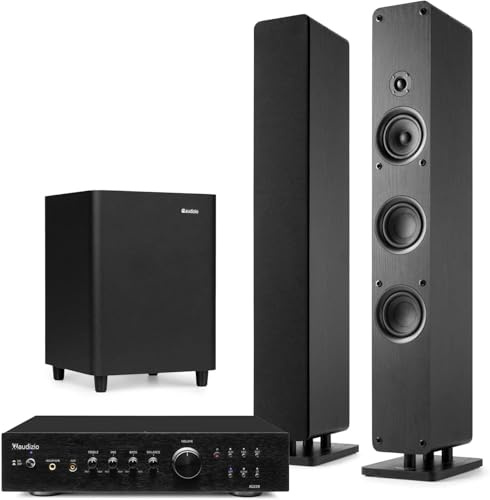 Audizio Arco - Standlautsprecher Passiv, 2.1 Soundsystem, 450 Watt mit Verstärker & Subwoofer, HiFi Lautsprecher für Stereoanlage & Heimkino - 3-Wege Speaker, Lautsprecher Boxen - Schwarz