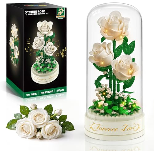 HiWEEGO Kit de Construction de Fleurs Boîte à Musique avec lumière LED | 219 pièces Kit de roses blanc avec couvercle pour la fête des mères, Noël pour sa femme, mini-blocs de 3,6 mm
