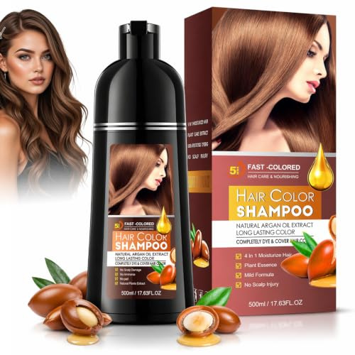 Champú Tinte Castaño Claro 4 en 1 para Hombre y Mujer, Cubre Canas Mujer, Cobertura de Canas Natural e Instantánea, Coloración Duradera y Suave para, Fácil de Usar en Casa,Todo Tipo de Cabello,500ML