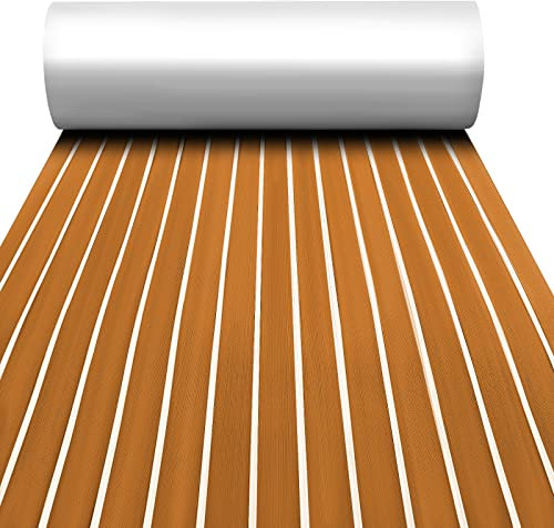 Toogou Neue Generation Eva-Schaum rutschfeste Marine Matte Rückseite mit 3 M Klebstoff, Synthetische Teakdecks für Boote, Kajak (braun mit weißen Streifen)