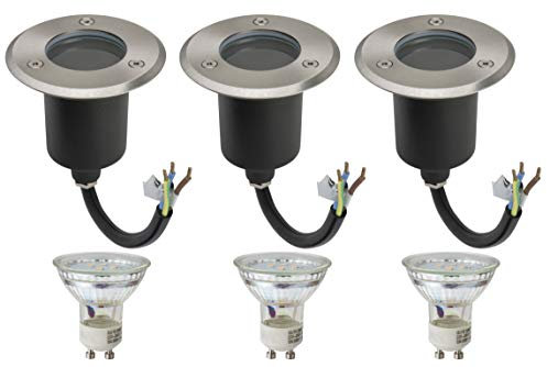 3er Set Bodenleuchte IP67 Alfa-O 1Watt LED Leuchtmittel GU10 230Volt Warmweiss 2700Kelvin Edelstahl Befahrbar Rostfrei