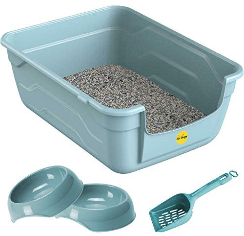 CAT CENTRE Blue Large Cat Open Litter Tray Box +2x 0.35L Bowls +Waste Scoop Set High Sided Deep Toilet Loo Adult Cats Kitten Pan Pet Loo Easy Cleaning Lowered Entry Step 11.5cm Easy Access Bowl Trays