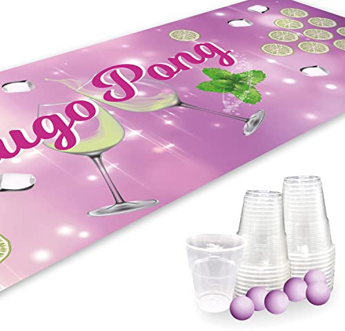 Hugo Pong Set I 180 x 60 cm I Spielfeldmatte mit schönem Design I Inkl. 22 Partybechern und 6 Tischtennisbällen I Trinkspiel I Party-Spiele und Geburtstag I Wiederverwendbar und abwischbar I dv818