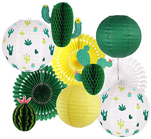 zilue Decoraciones de fiesta de cactus, suministros de fiesta hawaiana, linternas de papel colgantes tropicales, abanicos de papel de seda de nido de abeja para llama, cumpleaños, decoraciones de