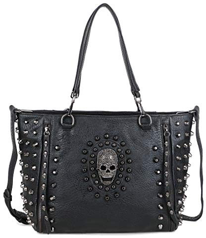 FiveloveTwo Schädel Handtasche und Umhängetasche für Damen Gothic Niet Henkeltaschen Mehrzweck PU Schultertaschen Shopper Schwarz