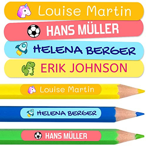 50 personalisierte Namensaufkleber zum Markieren von Bleistiften, Markern, Kugelschreibern. Farbige Etiketten für Kinder in Schule und Kindergarten, wasserfest. Größe 4,6 x 0,6 cm.