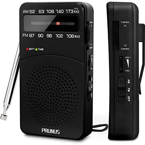 PRUNUS J-166 Portable Radio AM FM, Battery Operated Radio with Tuning Light, Back Clip, Excellent Reception, AM FM Radios Portable, Transistor Radios