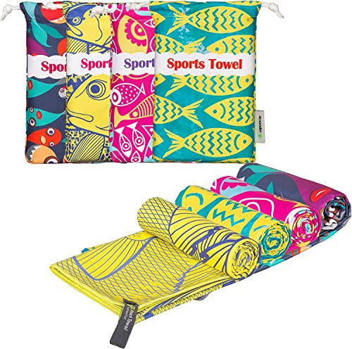 4Monster Mikrofaser Strandtuch Ultra Leicht, Sandabweisendes Handtuch Schnelltrocknend, Saugfähiges Sporthandtuch für Strand Pool Wassersport Yoga Fitness (Fisch, 4er Set (80 x 160 cm))