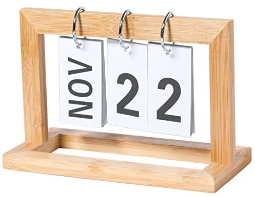 Ewiger Kalender zum Umklappen aus Bambus Holz - Tischkalender für Büro, Haushalt und Schreibtisch