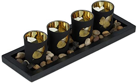 Relaxdays Teelichthalter Set, längliche Dekoschale, 4 Teelichter und Steine, Tischdeko mit Herbstmotiv, schwarz/Gold