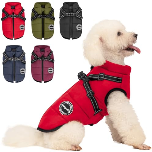 Aimydog Hundemantel Winter, Wärme Hundejacke Mit Brustgurt Gurt Winddichte mit bauchschutz, Haustier Outdoor Reflektierend Hundeweste mit Fleece Gefütterte für Kleine (Rot, M)