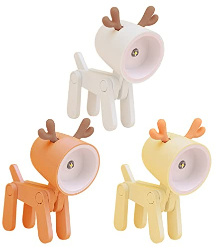 3 Stück Nachtlicht Baby Stilllicht, Mini Nachtlicht Baby, Nachttischlampe Kinder LED, Babyzimmer Deko Hirsch / Dinosaurier / Hunde, Kawaii Schreibtischlampe Cartoon Faltbare mit Handyhalterung (A)