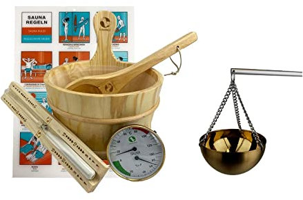 Ensemble d'accessoires de sauna classiques Premium 4.0/6 pièces en pin naturel et sauna, multi-coupe, en cuivre