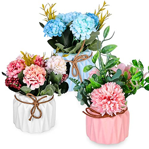 3 Stück Kunstblumen im Topf, Künstliche Blumen, Hortensien Blumen, Kunstblumen Wie Echt, Hortensien Kunstblumen mit Keramikvase, Blumen Künstlich für Tischdekoration Hochzeit Heiratsantrag Dekoration