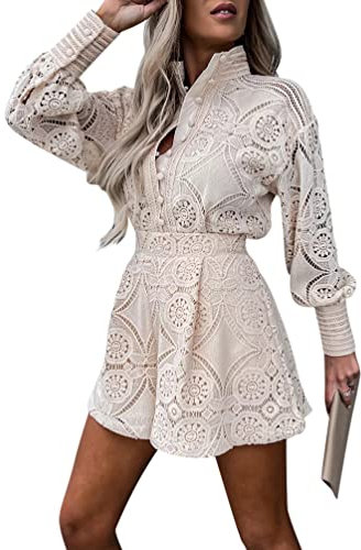Minetom Zweiteiler Damen Spitze Hosenanzug Oberteile + High Waist Shorts Elegant Einfarbig Kurze Hose Outfit Sets Party Loungewear Freizeitanzug A Beige S