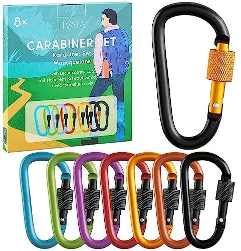LIVAIA 8 ganci a moschettone con chiusura a vite in alluminio colorato - Piccolo moschettone caricabile fino a 30 kg - Accessori da campeggio