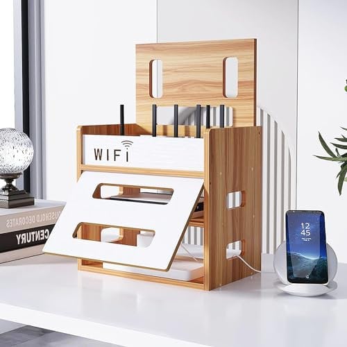 Catekro Router Regal, Router Cabinet, Etagere Pour Decodeur, Router Regal Stehend, Wandregal für Router, Holz WiFi Router Aufbewahrungsbox für Raumdekoration (Braun)